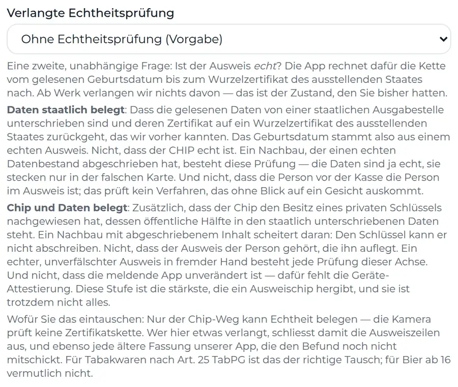 Das Auswahlfeld «Verlangte Echtheitsprüfung» im EdelVerify-Portal, eingestellt auf «Ohne Echtheitsprüfung (Vorgabe)», darunter die Absätze, die sagen, was die Stufen belegen.